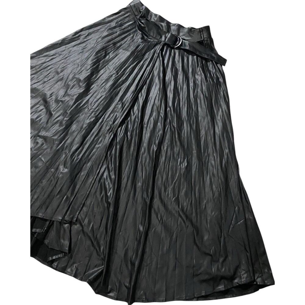Zara Black Faux Leather Midi Skirt Belt Pleated Maxi Women XS Blogger Fave Wrap - Picture 4 of 11